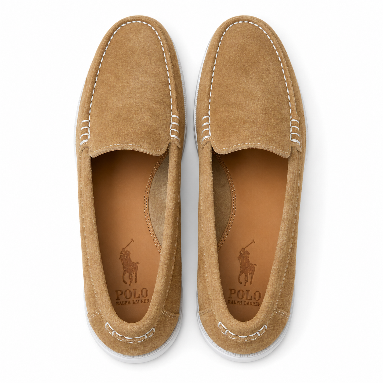 A pair of tan suede Polo Ralph Lauren slip-on loafers shown from a top-down view on a white background.