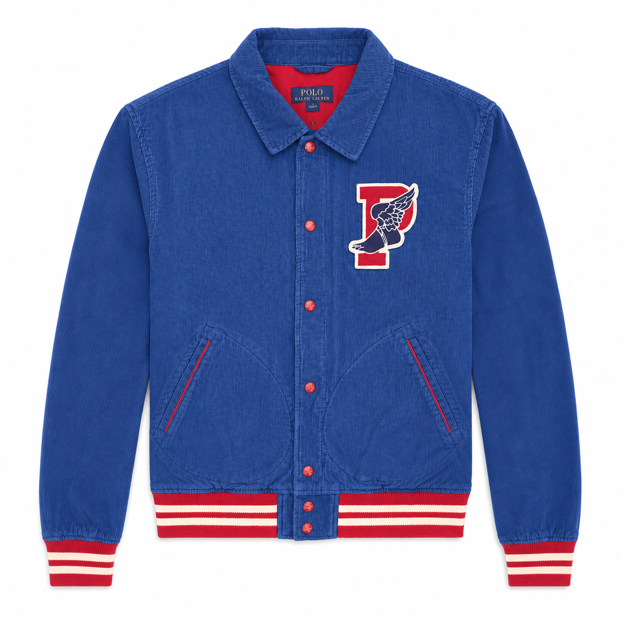 A blue denim varsity-style jacket with red and white striped ribbed cuffs and hem, featuring a red embroidered chest patch with a white winged letter P and a black-and-white shoe motif. The brand name 'ROCKNROLLER' is visible on the inner neck label.