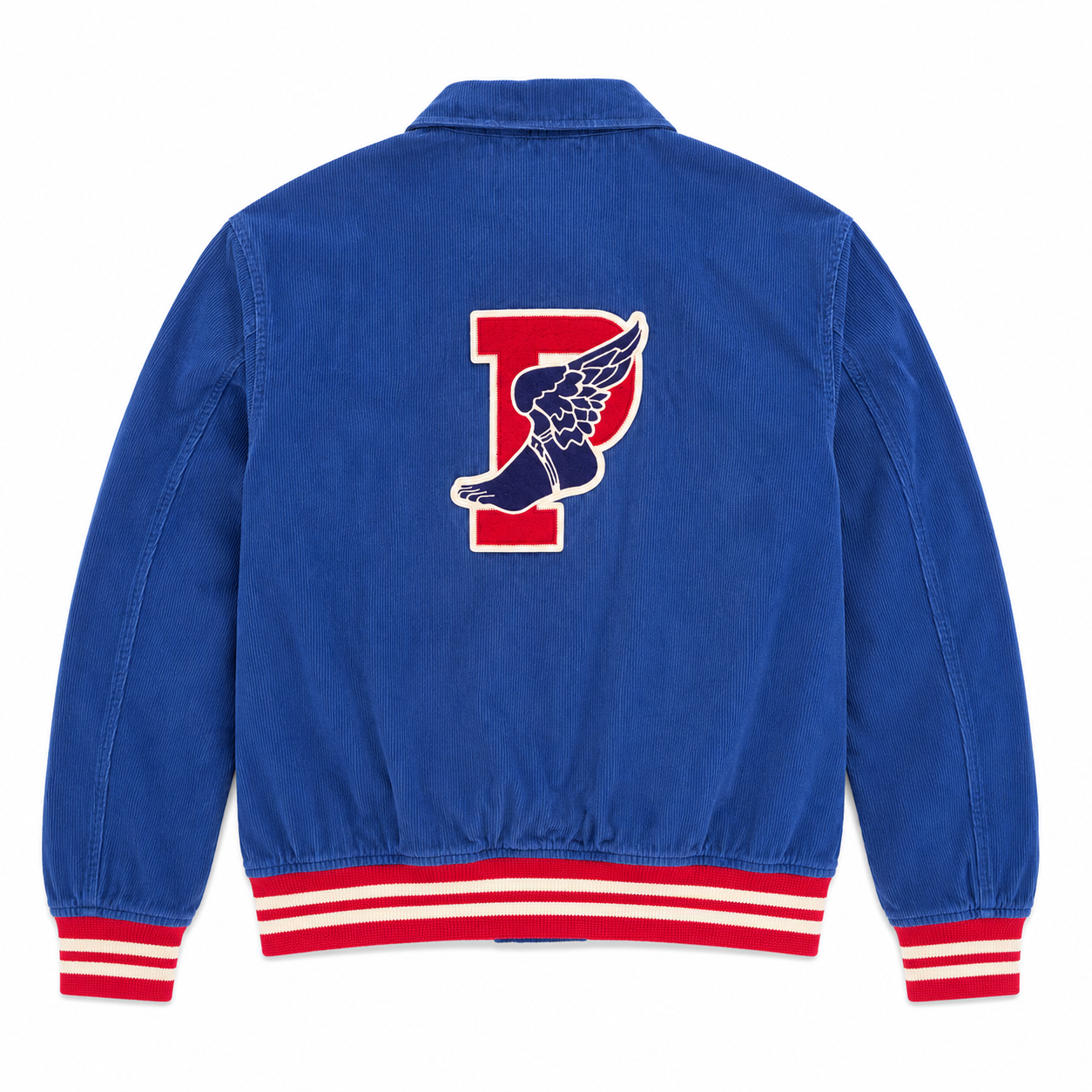 A blue denim jacket shown from the back, featuring a large red and white embroidered letter 'P' with a winged design on the upper back, and red and white striped ribbed cuffs and hem.