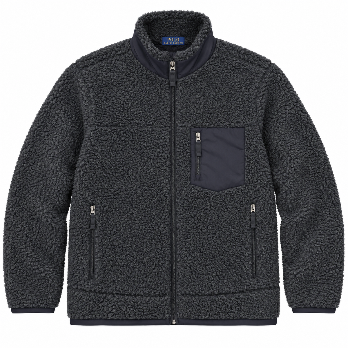 A dark charcoal gray fleece zip-up jacket with a solid dark navy chest pocket and matching dark collar, shown on a plain white background.