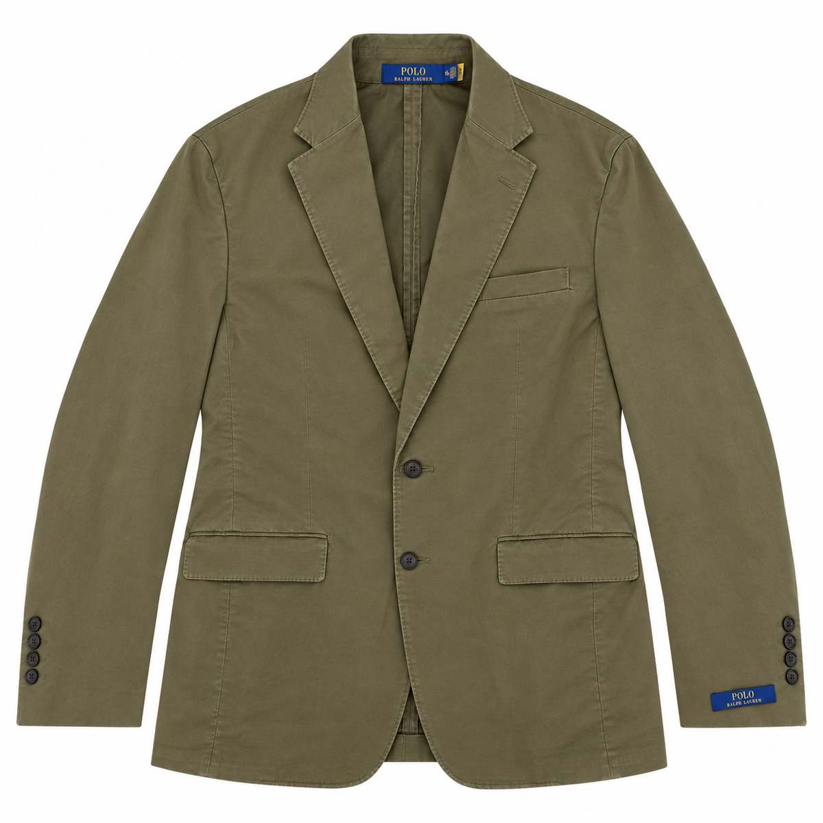 An olive green Polo Ralph Lauren blazer jacket, shown flat against a solid white background. The jacket features notch lapels, a two-button closure, flap pockets, and a blue Polo Ralph Lauren brand label visible inside the collar and on the lower cuff.