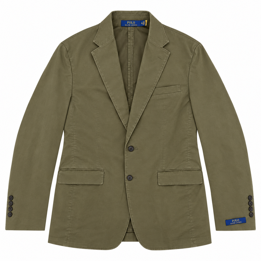 An olive green Polo Ralph Lauren blazer jacket, shown flat against a solid white background. The jacket features notch lapels, a two-button closure, flap pockets, and a blue Polo Ralph Lauren brand label visible inside the collar and on the lower cuff.