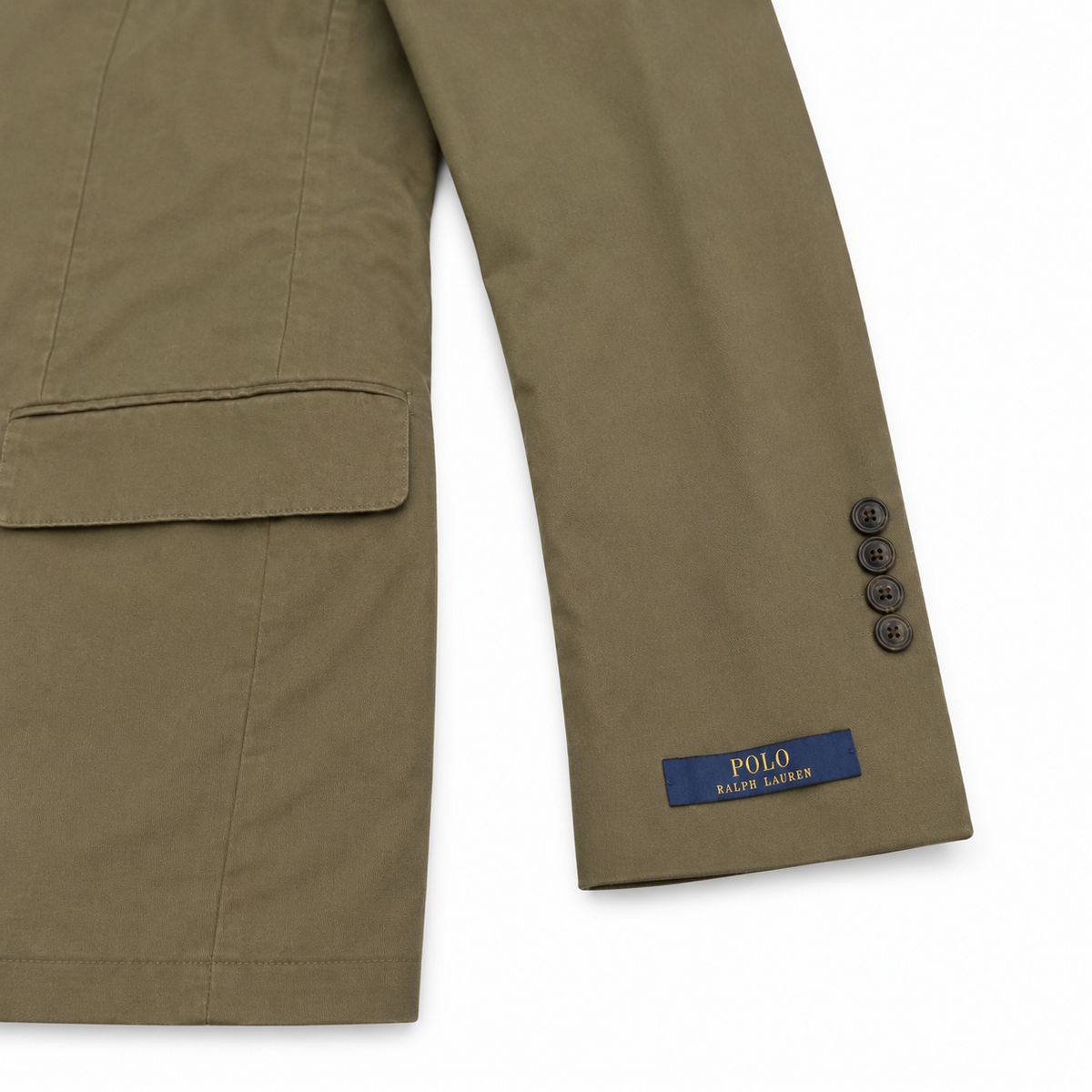 Close-up of an olive green blazer sleeve showing a navy blue Polo Ralph Lauren brand label and three dark buttons on the cuff, set against a plain white background.