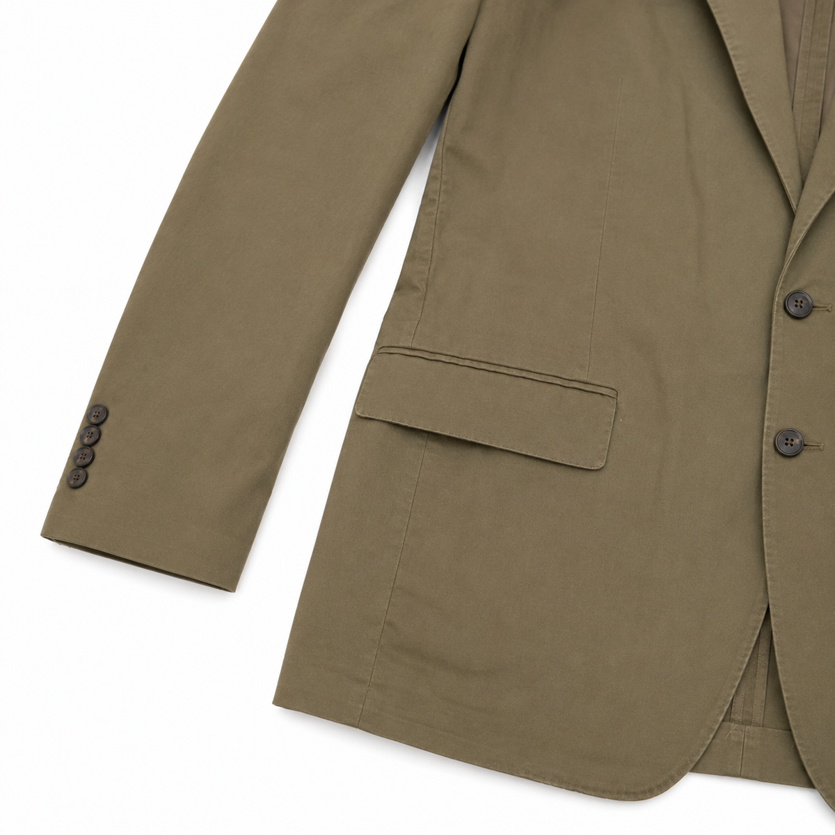 A close-up of an olive green blazer jacket showing the sleeve, front flap pocket, and buttons against a clean white background.