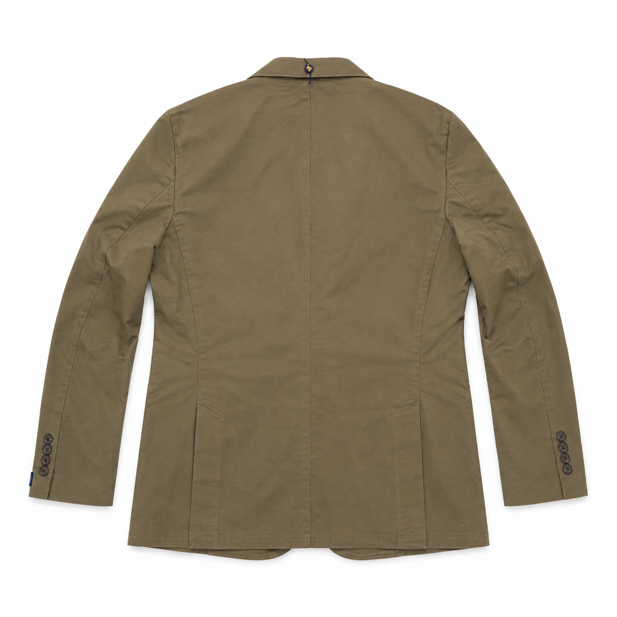 An olive green men's blazer shown from the back, featuring a structured collar, long sleeves, and a clean flat-lay presentation on a white background.