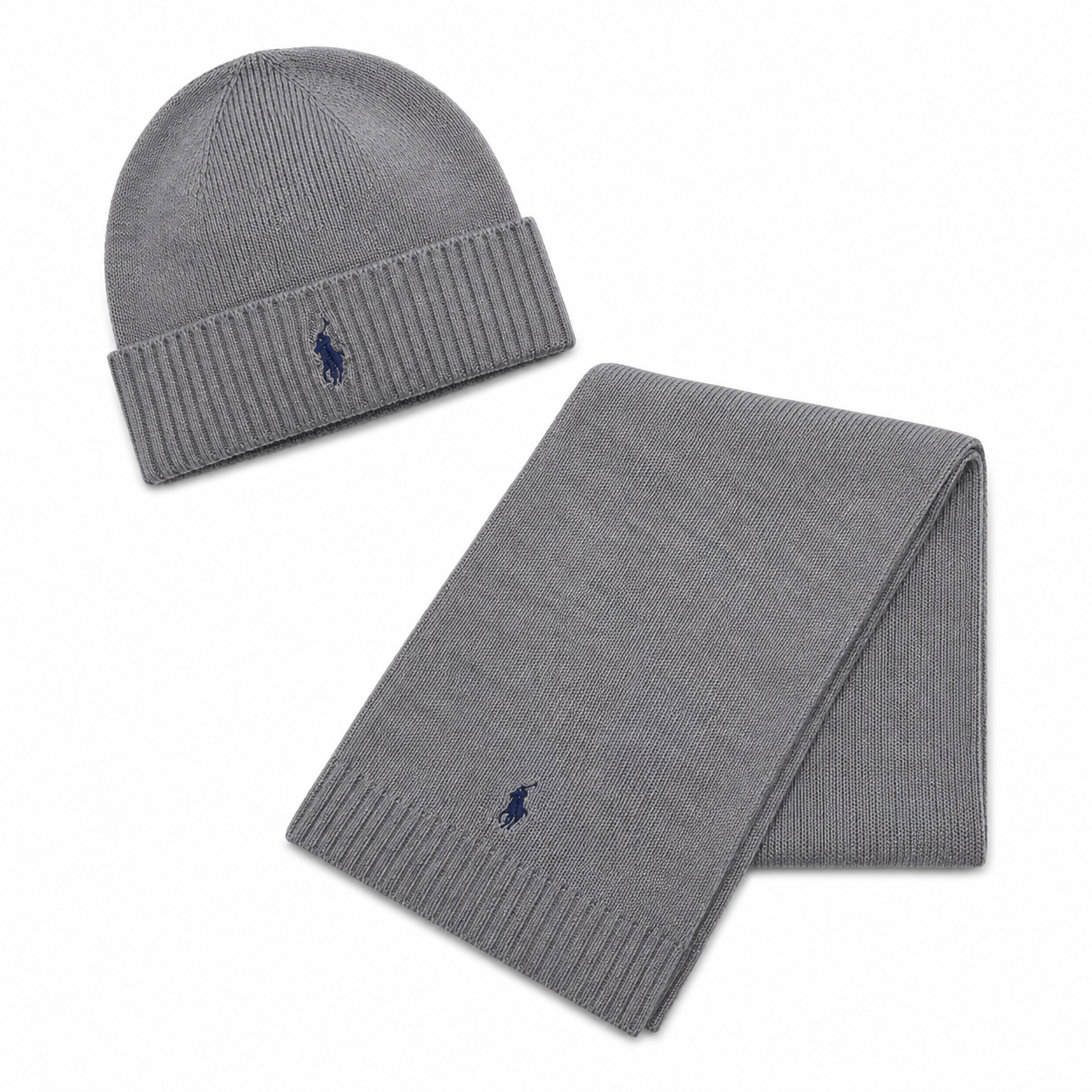 A gray knit beanie and matching scarf set from Polo Ralph Lauren, featuring the signature navy blue embroidered pony logo on the ribbed cuffs, displayed on a clean white background.
