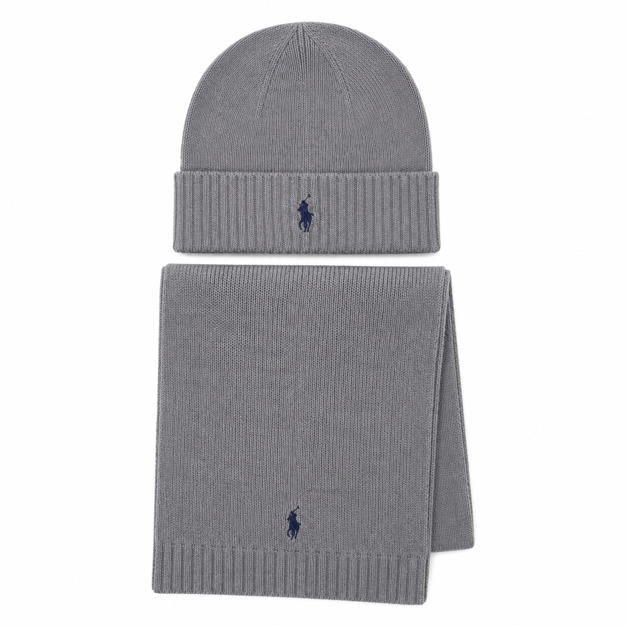 A gray knit beanie and matching scarf set from Polo Ralph Lauren, featuring the signature navy blue embroidered pony logo on the ribbed cuff of both items, displayed against a solid white background.