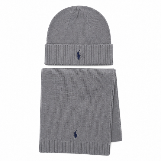 A gray knit beanie and matching scarf set from Polo Ralph Lauren, featuring the signature navy blue embroidered pony logo on the ribbed cuff of both items, displayed against a solid white background.