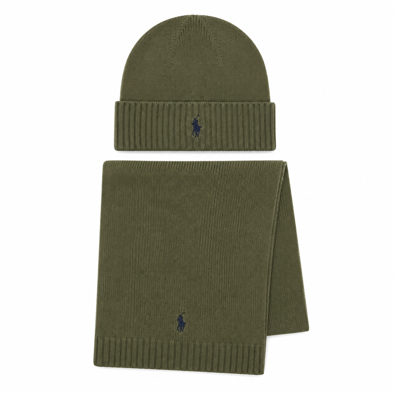 An olive green knit beanie and matching scarf set by Polo Ralph Lauren, featuring the signature embroidered navy polo player logo on the front of each item, displayed against a solid white background.