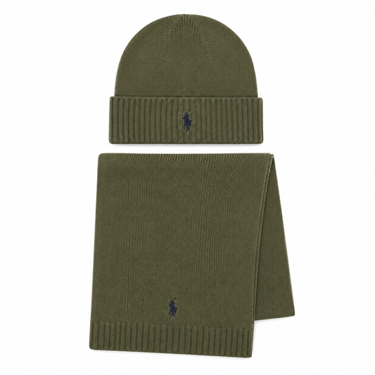 An olive green knit beanie and matching scarf set by Polo Ralph Lauren, featuring the signature embroidered navy polo player logo on the front of each item, displayed against a solid white background.