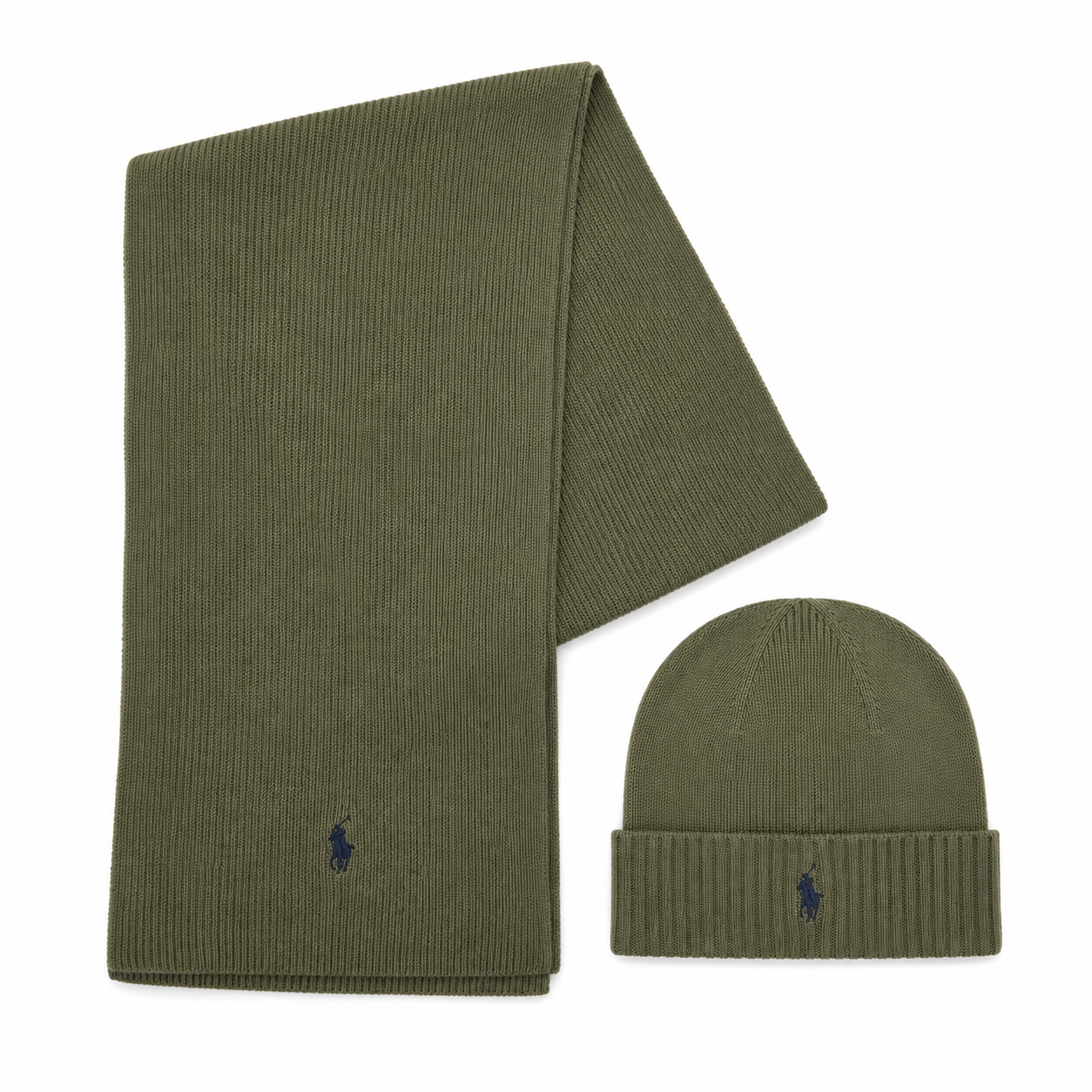 An olive green ribbed knit scarf and matching beanie hat from Polo Ralph Lauren, displayed on a clean white background.