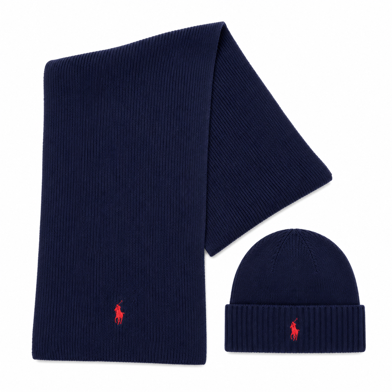 A navy blue ribbed knit scarf and matching beanie hat from Polo Ralph Lauren, both featuring the signature red embroidered pony logo, displayed on a clean white background.