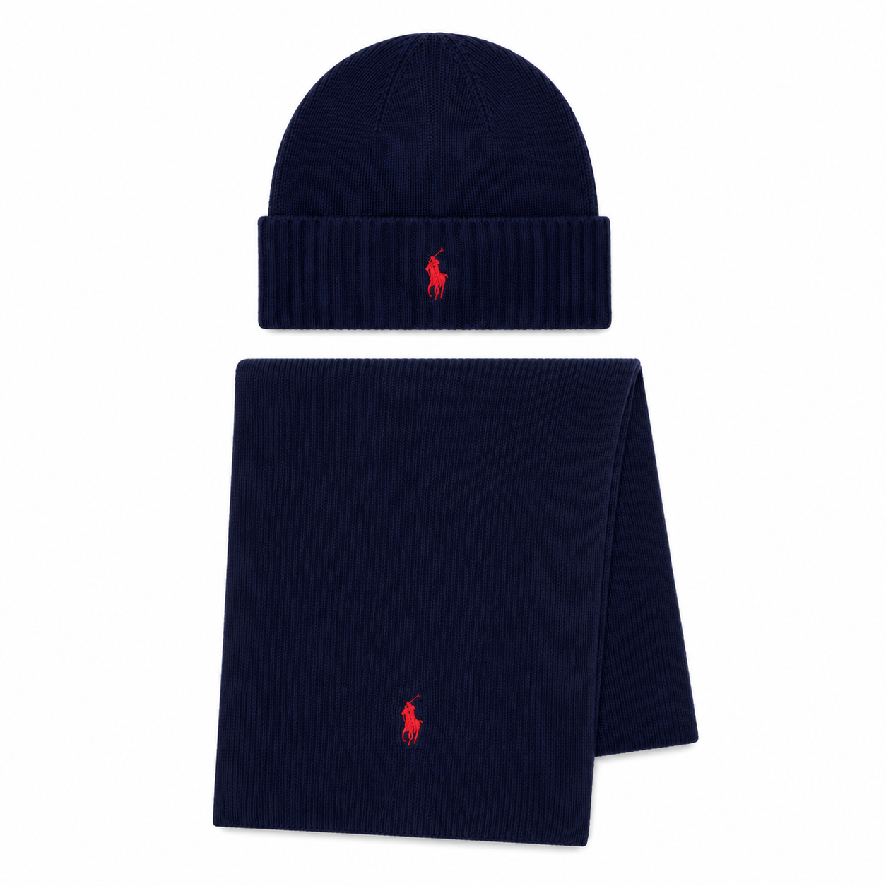 A navy blue knit beanie and matching scarf set, both featuring the small red embroidered Polo pony logo on the front, displayed against a solid white background.