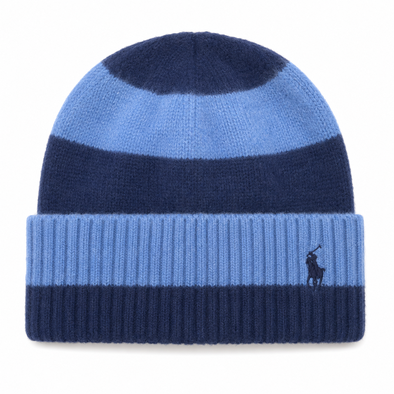 A striped knit beanie hat in navy blue, light blue, and dark navy, featuring a ribbed cuff with the embroidered dark navy Polo Ralph Lauren pony logo on the light blue stripe.