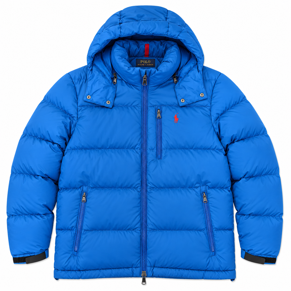 A bright blue hooded puffer jacket by Polo Ralph Lauren, featuring a full front zipper, zippered chest pocket, and two zippered hand pockets, shown against a plain white background.