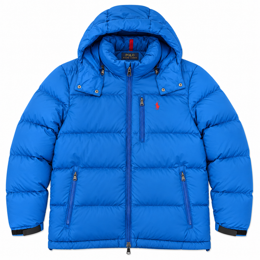A bright blue hooded puffer jacket by Polo Ralph Lauren, featuring a full front zipper, zippered chest pocket, and two zippered hand pockets, shown against a plain white background.