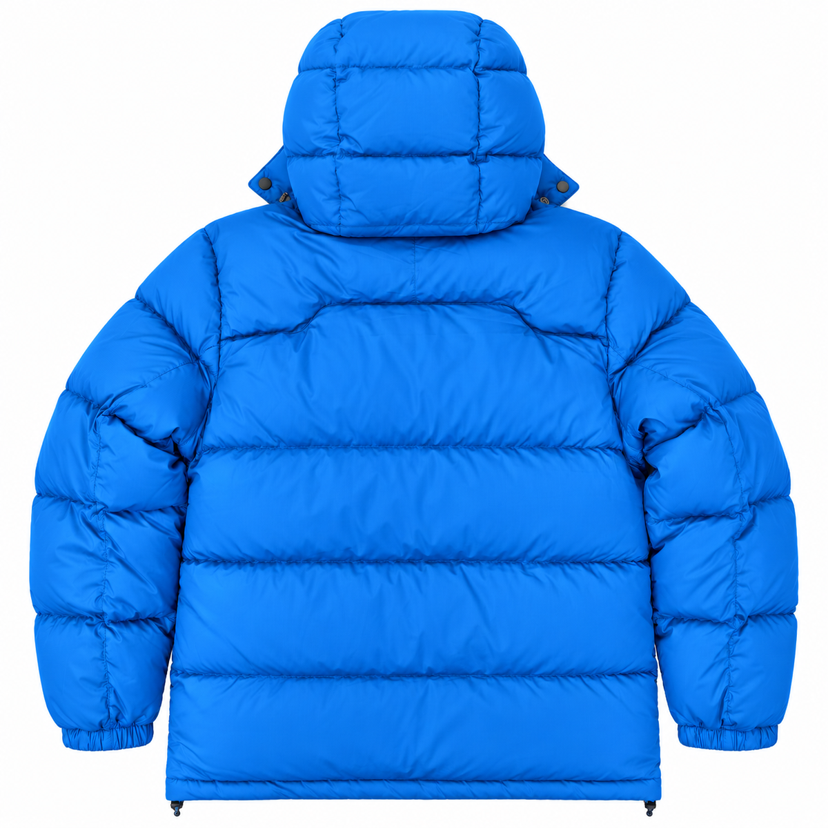 A bright blue hooded puffer jacket shown from the back, featuring horizontal quilting, elastic cuffs, and a clean white background.