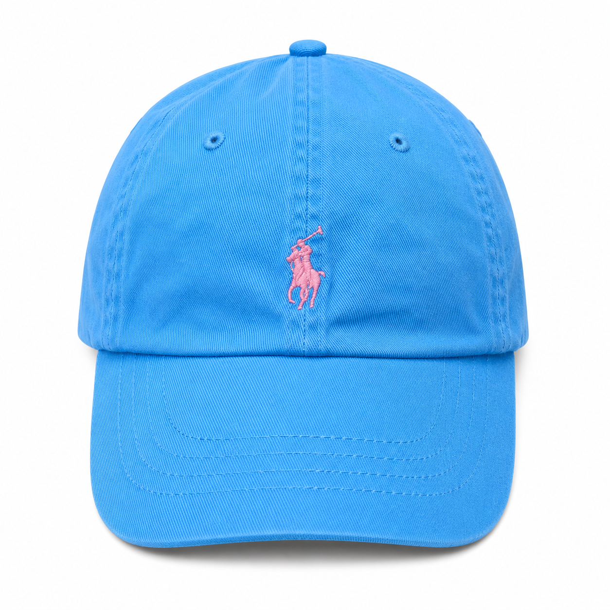 A bright blue cotton baseball cap featuring the classic pink embroidered Polo pony logo on the front, set against a plain white background.