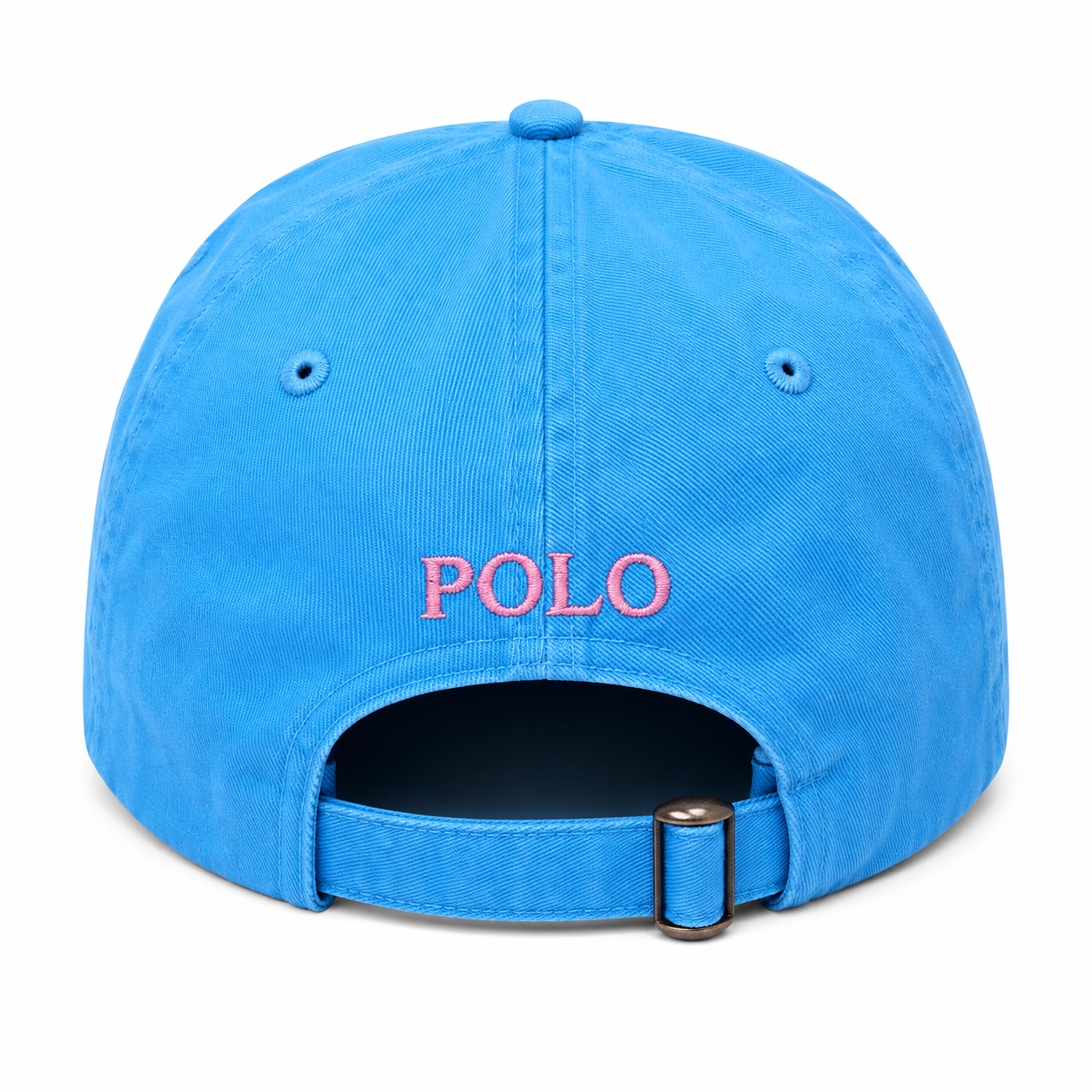 A bright blue cotton baseball cap shown from the back, featuring the word 'POLO' embroidered in pink on the center back and an adjustable strap with a metal slider.