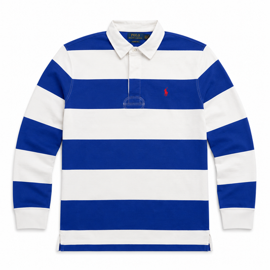 A long-sleeve polo shirt by Polo Ralph Lauren featuring bold horizontal stripes in royal blue and white, with a small embroidered red polo player logo on the left chest.