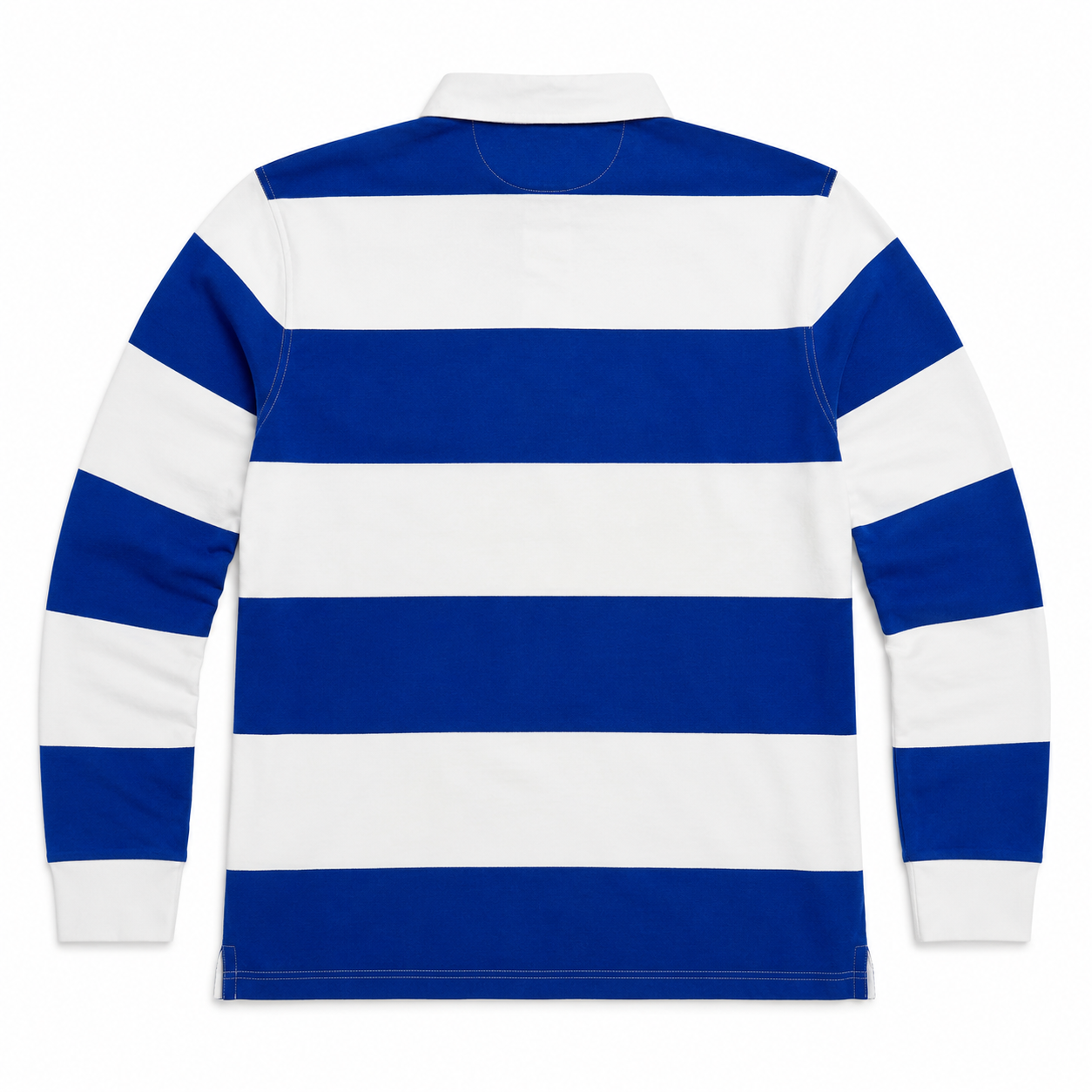 A long-sleeve rugby shirt with bold horizontal blue and white stripes, shown from the back on a clean white background.