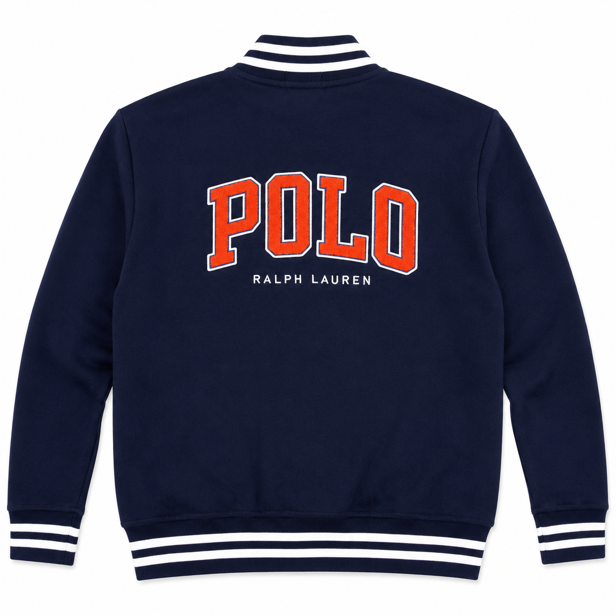 Back view of a navy blue Ralph Lauren Polo varsity-style jacket with white and navy striped ribbed collar, cuffs, and hem, featuring 'POLO' in orange with a white outline and 'RALPH LAUREN' printed below.