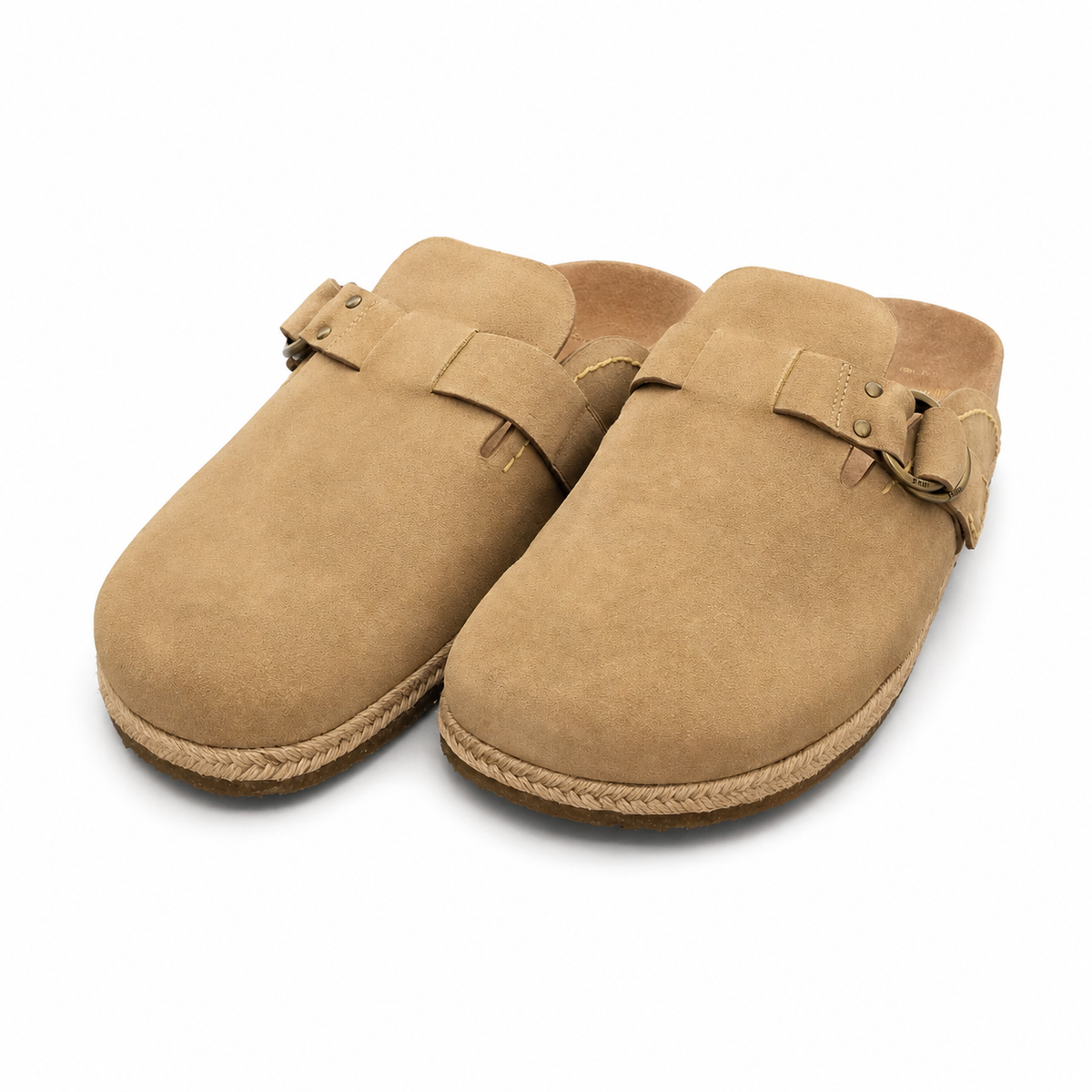 A pair of tan suede clogs with adjustable straps and braided jute-wrapped soles, shown on a clean white background.