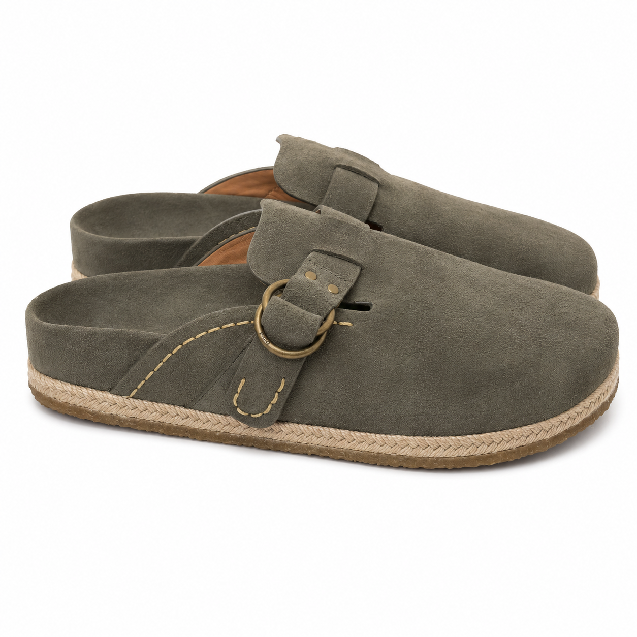 A pair of women's slip-on clogs in dark olive green suede, featuring a braided jute rope sole, contrast stitching, and a brass buckle strap closure, shown against a plain white background.