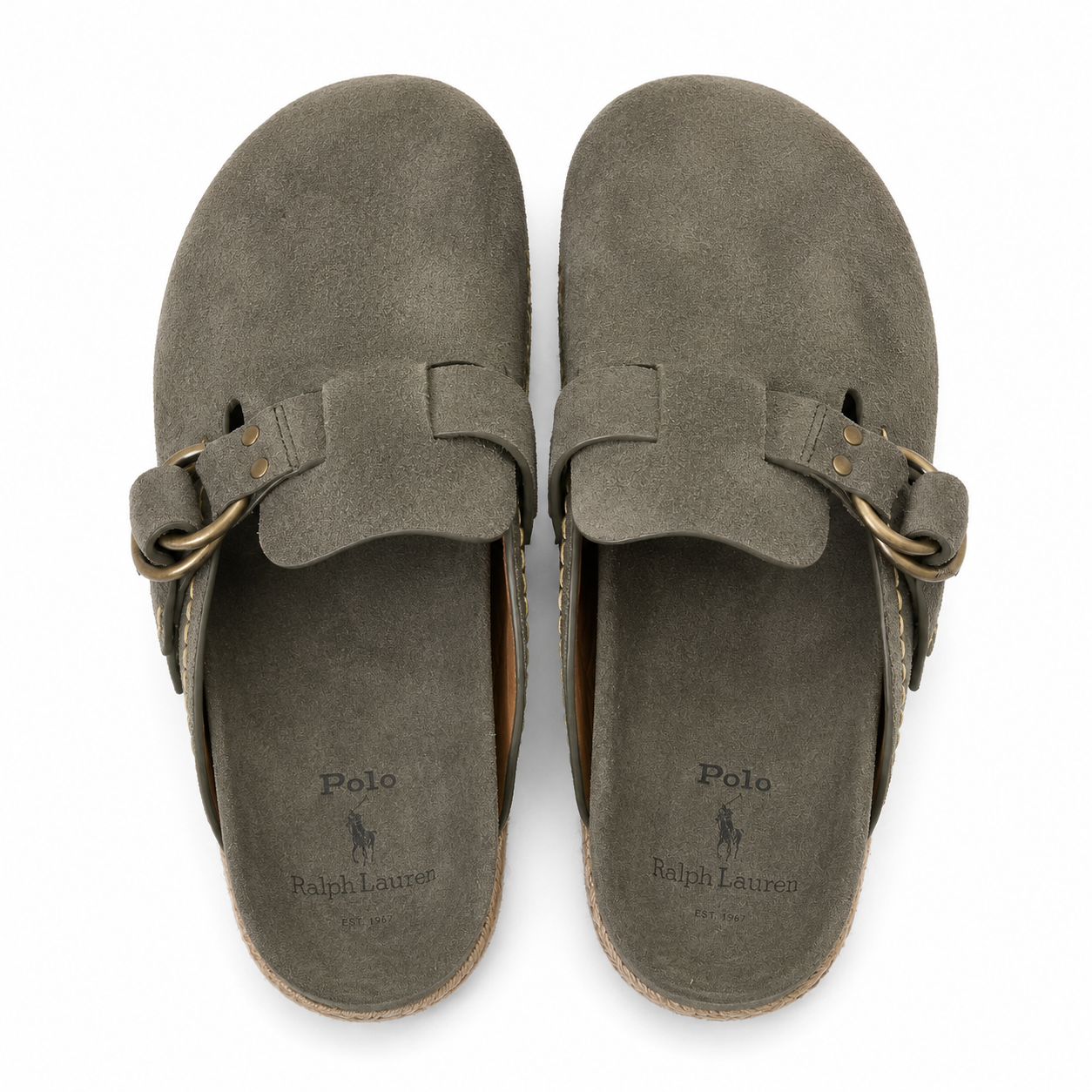 A pair of taupe-brown suede clogs by Polo Ralph Lauren, shown from a top-down view on a white background.