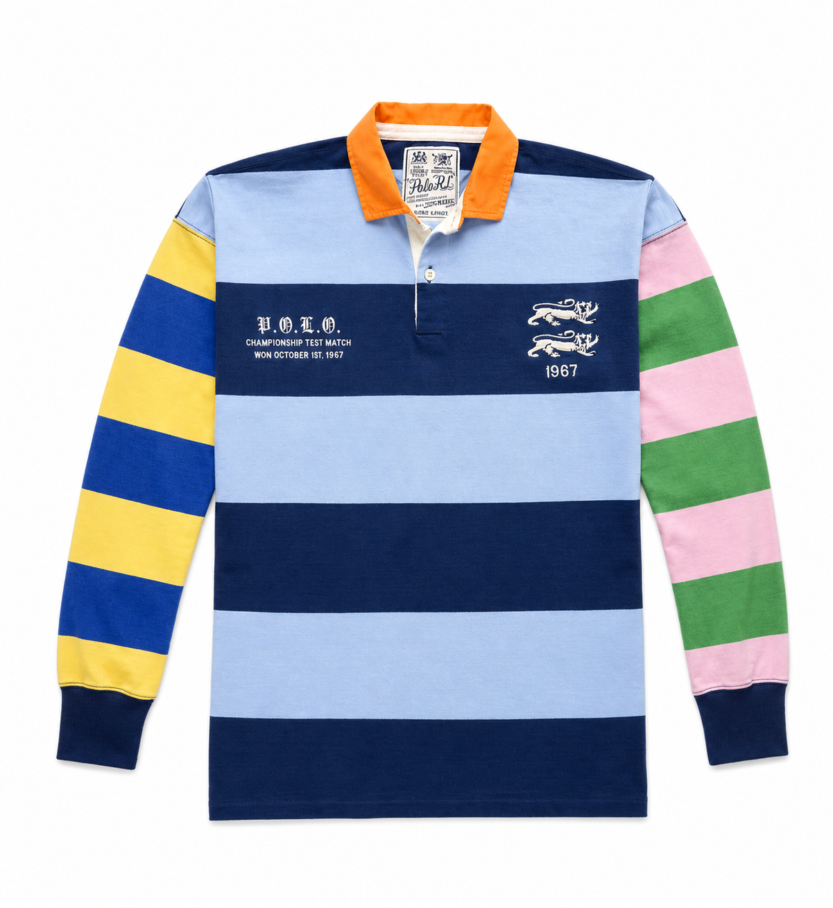 A long-sleeve rugby shirt by Polo Ralph Lauren featuring horizontal stripes in light blue, navy, yellow, pink, and green, with an orange collar and white embroidered logos on the chest.