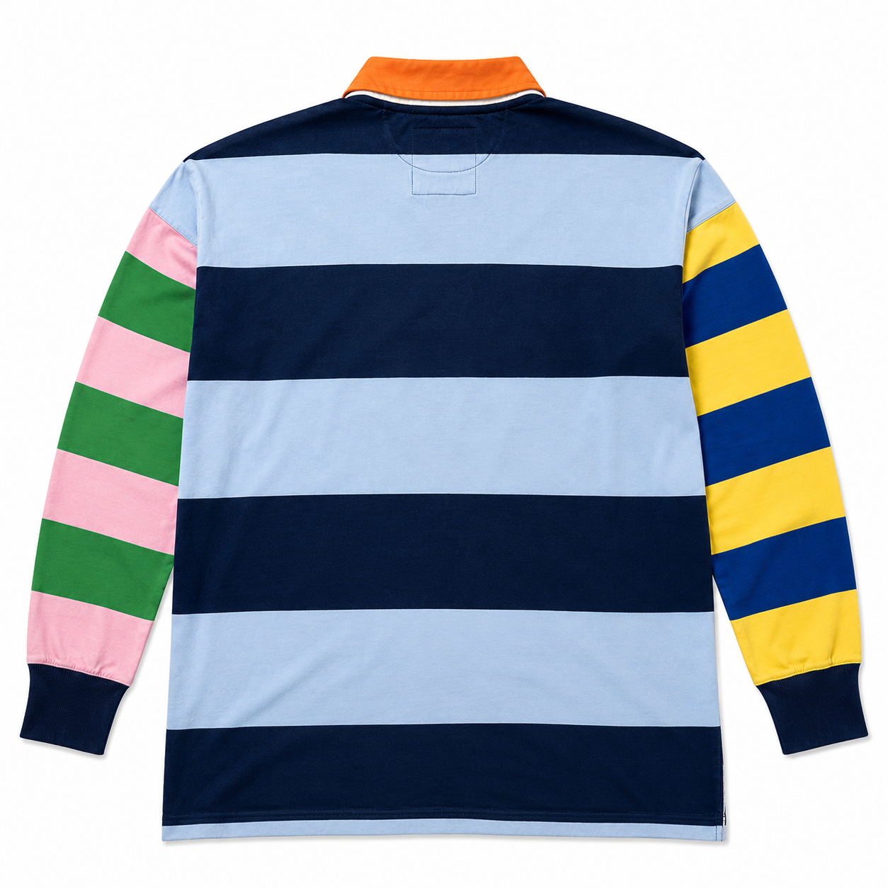 A long-sleeve rugby-style shirt shown from the back, featuring horizontal navy and light blue stripes on the body, with pink, green, and light blue sleeve stripes, and yellow, blue, and white sleeve stripes. It has an orange collar and dark cuffs.