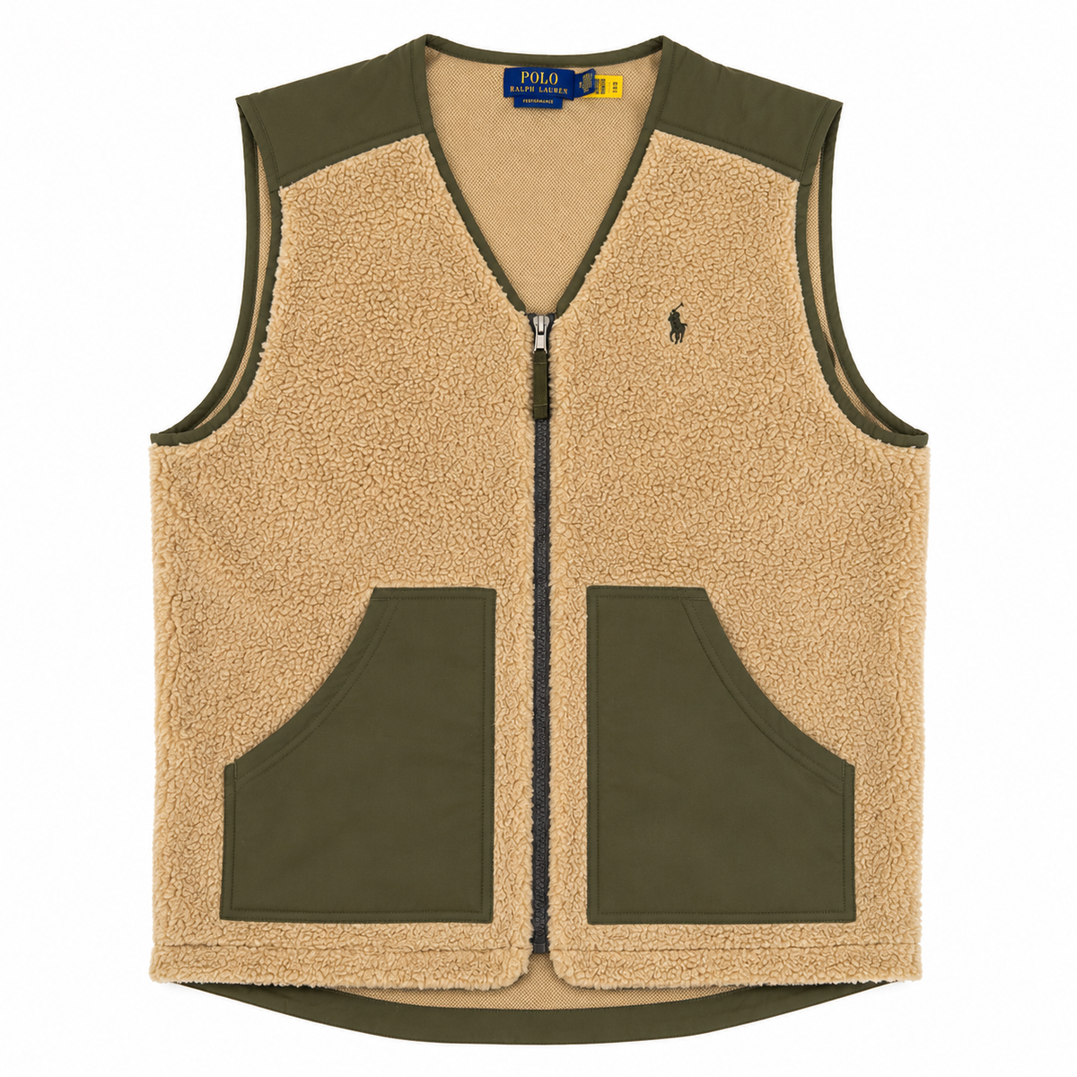 A Polo Ralph Lauren fleece vest in tan and olive green, featuring a full front zipper, a small embroidered polo player logo on the left chest, and two large front patch pockets.