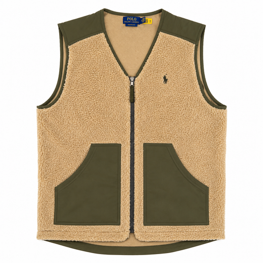 A Polo Ralph Lauren fleece vest in tan and olive green, featuring a full front zipper, a small embroidered polo player logo on the left chest, and two large front patch pockets.