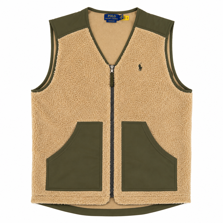 A Polo Ralph Lauren fleece vest in tan and olive green, featuring a full front zipper, a small embroidered polo player logo on the left chest, and two large front patch pockets.