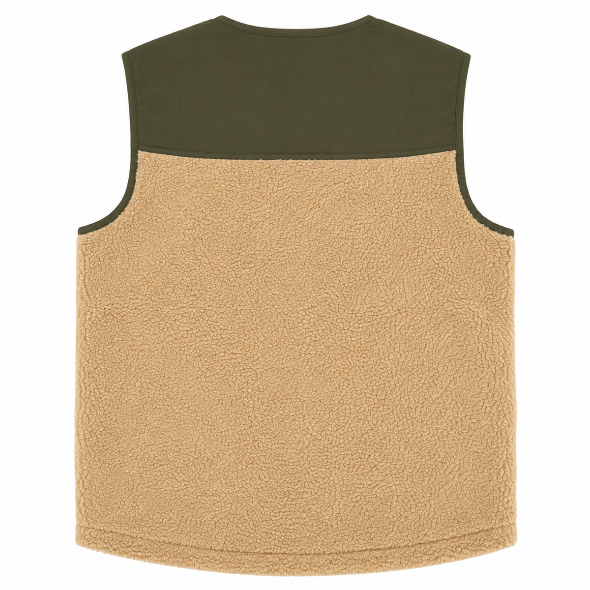 A sleeveless fleece vest with a solid tan textured body and an olive green collar, shown flat against a white background.