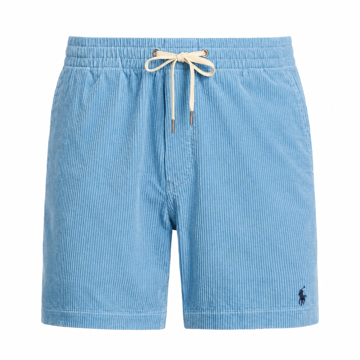 Light blue corduroy shorts with an elastic waistband and a cream-colored drawstring, featuring the signature Polo Ralph Lauren pony logo on the lower left hem.