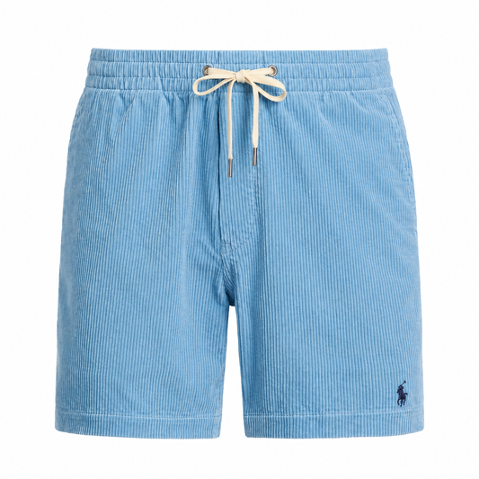 Light blue corduroy shorts with an elastic waistband and a cream-colored drawstring, featuring the signature Polo Ralph Lauren pony logo on the lower left hem.