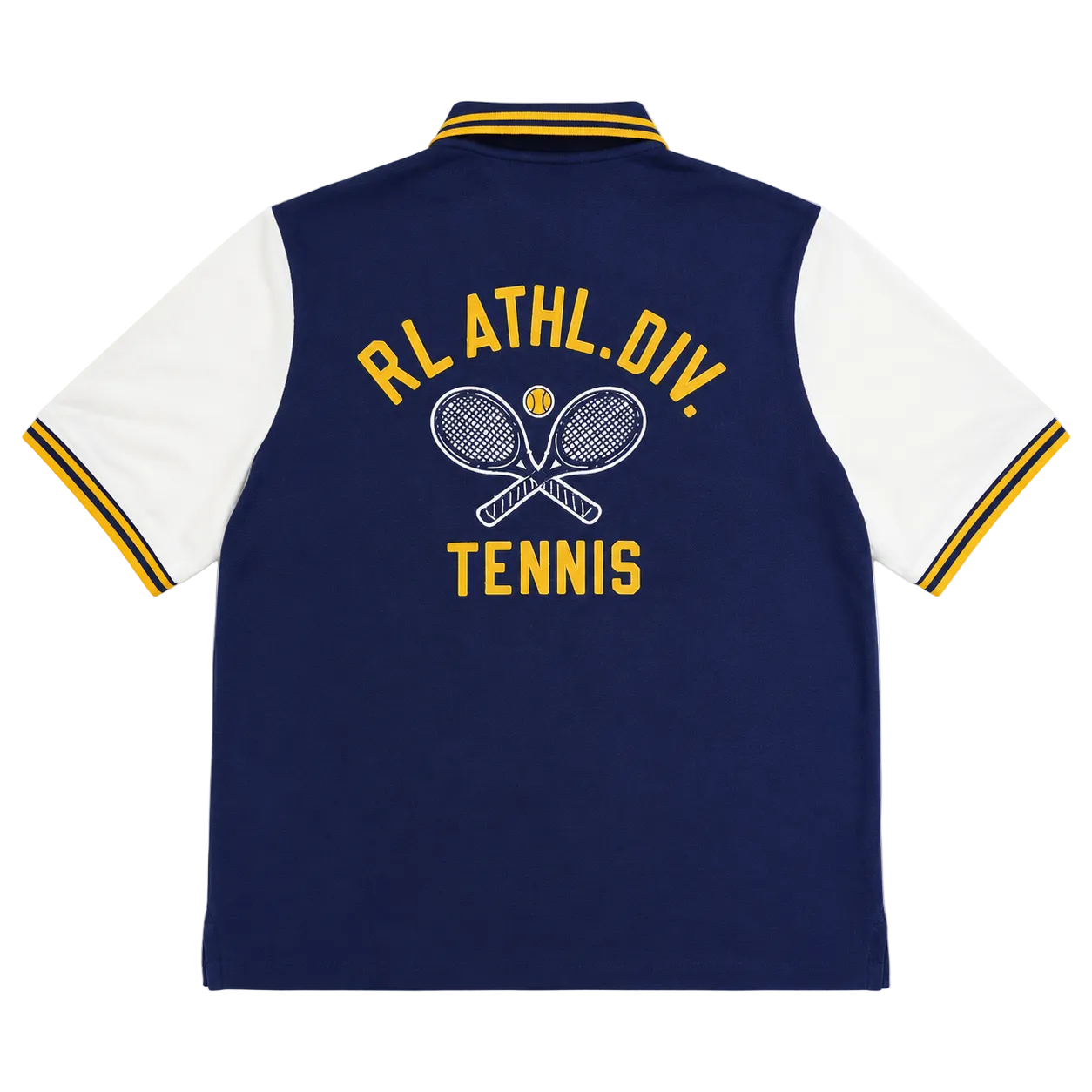 A navy blue and white short-sleeve varsity-style polo shirt shown from the back, featuring yellow and white trim on the collar and sleeve cuffs, with a large yellow and white graphic reading 'RL ATHL. DIV.
