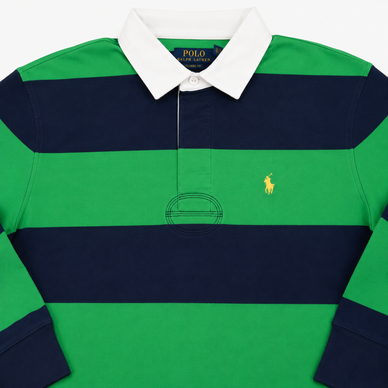 A close-up of a Polo Ralph Lauren long-sleeve rugby shirt featuring horizontal stripes in green and navy blue, with a white collar and the signature yellow polo player logo on the chest.